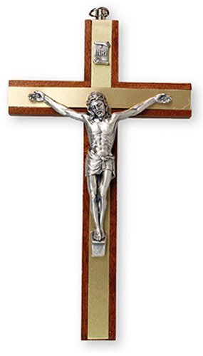 Crucifix Mural en Bois Acajou - Crucifix avec Corpus et bandes en laiton incrusté. 0700315602851 Catholic Gift Shop Ltd