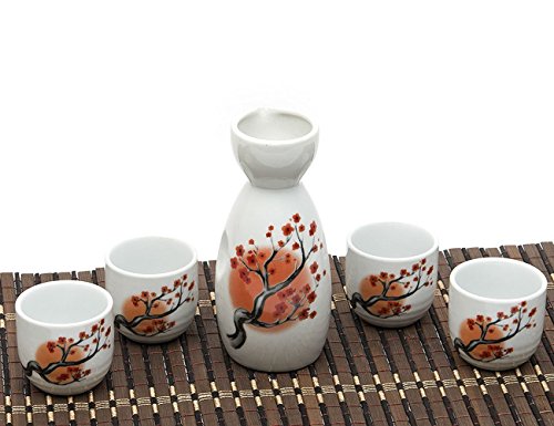 Ankoow ankoow Service à saké Japonais avec quatre tasses en porcelaine de Carthame peint à la main style poterie artisanat vin traditionnels en céramique tasse code EAN 0700516315413 