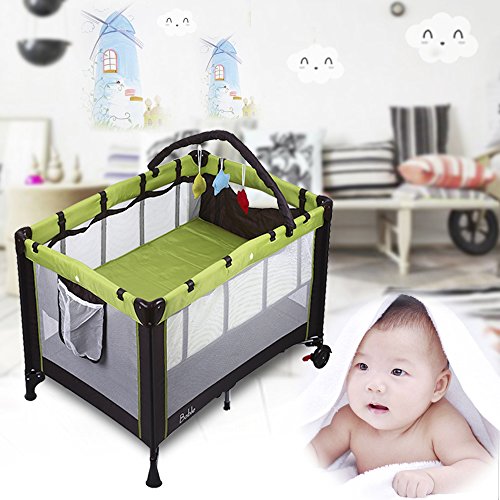 Bable BABLE Lit parapluie Lit de voyage - Playard bébé - Parc pliant pour bébé - 100 x 70 cm - avec matelas / Hamac / Poche de rangement / Barre à jouets et sac de transport sur roulettes - Vert+Noir 0701979210352 (0701979210352)
