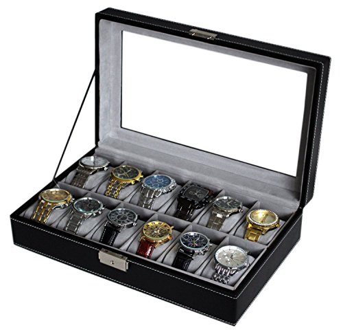 JINRUI Coffret à montres pour montres simili cuir pu leather watch box organizer watch case jewelry box watch jewelry display storage with glass top classic gray inner integument and black surface appearance (12 emplacements) 0702854980360 (0702854980360)