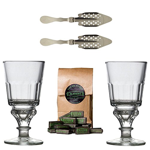 ALANDIA Spirits Original Absinth Set d'accessoires avec 2 x Absinth Verres/2 x Absinth Cuillères/1 x Absinth de sucre Cube - Le verre et cuillère Kit contient également une hydratation Guide pour la Absinth de Rituel. code EAN 0704270784690 
