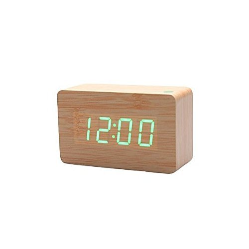 Aussel Asueel Châtain Bois Temps alarme de température Lumière LED Horloge de bureau en bambou Thermomètre Horloge avec Sound Control 0704280375963 (0704280375963)