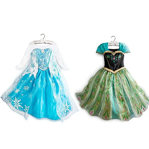 CUTEHILL Deux robes enfant princesse elsa et anna la reine des neiges cosplay costume déguisement cadeau anniversaire/noël/carnaval/halloween (5-7 ans) 0706693033096 (0706693033096)