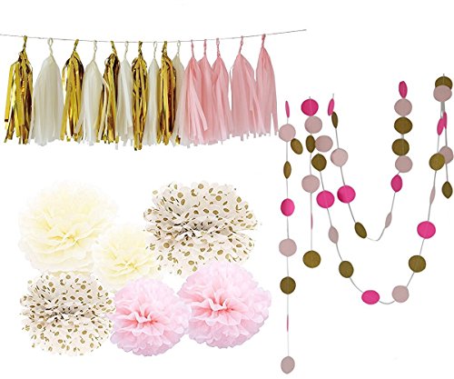 CUTADORNS 23pcs pink cream glitter gold tissue paper pom pom tissue pom pom paper tassel garland polka dot tissue poms paper garland for baby shower decoration bridal shower pink gold first birthday code EAN 0707409027231 