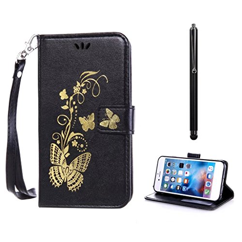D'accessoire pour samsung galaxy grand prime g530 wallet case coque etui pu cuir portefeuille housse [fermeture magnétique] [slots de cartes] résistant aux rayures shell - bronzage papillon noir + stylet pen 0709202569666 KSHOP