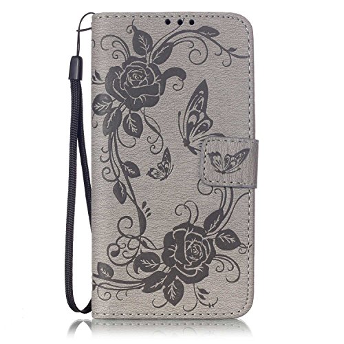 Coque Samsung Galaxy A5 2016/A510F Housse en Cuir [avec Gratuit Protections D'écran],CaseHome Papillon Fleur en Relief Gaufrage Motif Livre Stylé Folio Flip Magnétique Fermeture Portefeuille Pochette Désign avec Carte de Crédit et Dragonne Stand Debout Fonction Souple Caoutchouc de Pare-chocs Intérieur Protecteur Prime PU Cuir Etuis Coque Housse for Samsung Galaxy A5 2016/A510F-Gris 0709466630966 CaseHome
