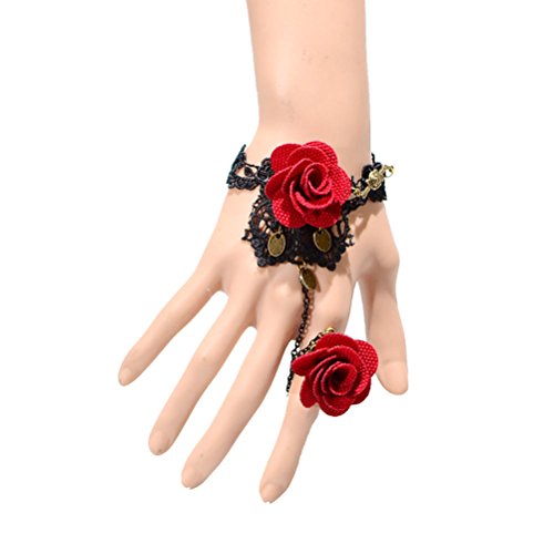 Arkind Bracelet anneau bague ensemble gothique dentelle mysterieux lolita sexy rouge fleur vintage déguisement cosplay 0709466909543 (0709466909543)