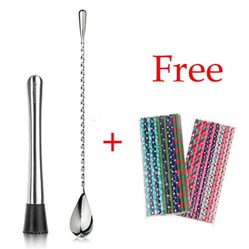 Annstory Cuillère à cocktail & pilon à cocktail en inox de qualité, ensemble de cuillère à mélange et presse agrume + pailles de papier jetables 50pcs 0712166762790 (0712166762790)