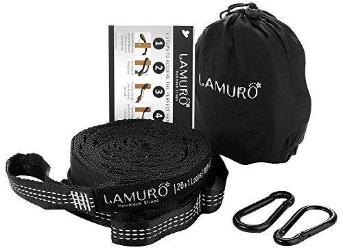 LAMURO Votre kit Hamac Ultra résistant aux sangles lourde suspension de LAMURO - Deux crochets Mousqueton- de longues sangles supplémentaires de (12 pieds) Avec 40 boucles - 900LBS- Sangles Polyester 100 % Non-extensible- mise en place rapide et facile code EAN 0712367480592 