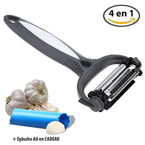 Silley [Nouveauté 2016] Eplucheur Julienne 4 en 1 Silley® + Epluche Ail en Silicone Gratuit ? Epluche Légumes Triple Lames + Pèle Agrume - Fonction Econome en Va et Vient ??? Mandoline, Zesteur, Râpe à fromage, Epluche-légumes et fruits, ... pour Droitier et Gaucher - Lames en Acier Inoxydable code EAN 0713589970144 