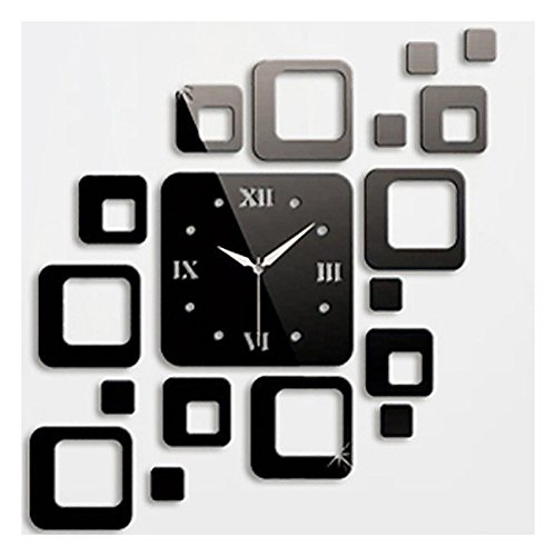 Horloge murale miroir carré noir creative (argent)