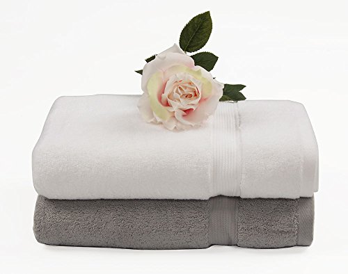 Serviette de bain en coton 100%, serviette de cheveu & de bain en cotton pour hôtel-spa-piscine-gym 500gsm, super doux, avec facilité, ringspun coton pour douceur maximum avec l'absorption (2 pack:140x70cm, white and gray) 0713741199963 Winthome