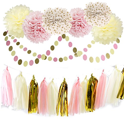 Furuix furuix Lot de 20 Polka Dot Rose Crème Doré Soie Pom Pom Pom à suspendre Fleur Pompon Papier De Papier craft Papier de soie fleur mariage fête Pompon Papier Guirlande Guirlande papier Cercle à pois pour bébé douche 0714367750880 (0714367750880)