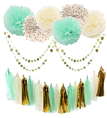 Furuix furuix Lot de 20 vert menthe Crème Or Décoration Kit de papier de soie Pom Pom Papier Fleur avec pompon Garland Cercle pour décoration de mariage rustique bébé douche Guirlande de décoration pour premier anniversaire de douche Deco 0714367750965 (0714367750965)