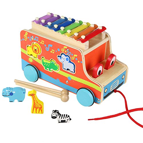 ACOOLTOY Bus de Cute à Tirer en Bois Coloré-Véh...