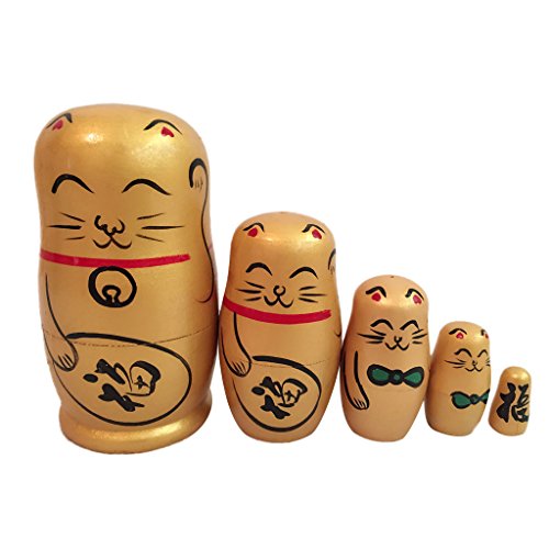 Peint Chat En Bois Matriochka Fortune Poupées R...