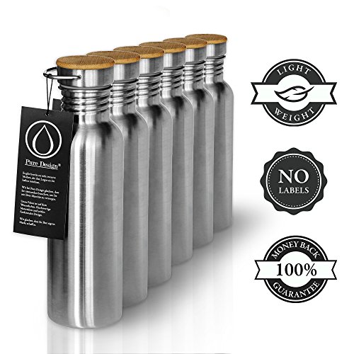 PureDesign Bouteille d'eau 1l, 750 ml, 500ml, Réutilisable en Acier Inoxydable et le Couvercle de Bambou. 100% GARANTIE de Remboursement. Bon pour Bébé, sans Plastique et BPA - par Pure Design® 0722382250230 (0722382250230)