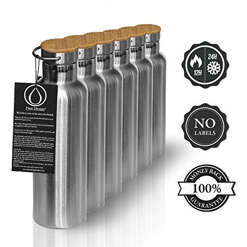 PureDesign Bouteille Isotherme (Thermos) 1l, 750 ml, 500ml, Réutilisable en Acier Inoxydable et le Couvercle de Bambou. 100% GARANTIE de Remboursement. Bon pour Bébé, sans Plastique et BPA - par Pure Design® 0722382250292 (0722382250292)
