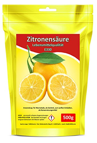 1000liter Acide Citrique 500 g 0,5 kg qualité alimentaire E330 Adoucissant Détartrant Bio DETARTRANT kristallin Support Sac code EAN 0722851837917 