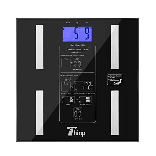 Thinp Pèse personne numérique electronique en verre 6-180kg - mesurer le poids, les quantités de graisse, d'eau, de muscle et d'os - mémoire 10 personnes (noir) code EAN 0726630739935 