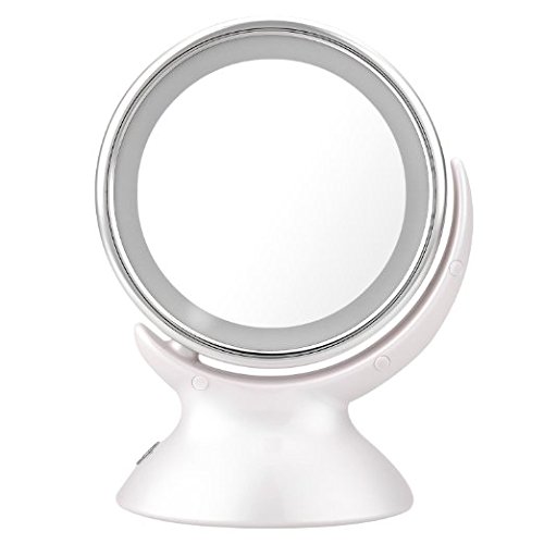 Molain Miroir blanc avec support cosmétique compact avec 6 leds invisible double faces rotation de 360° fonction agrandir x5 pour déguisement soigneux code EAN 0726630797935 