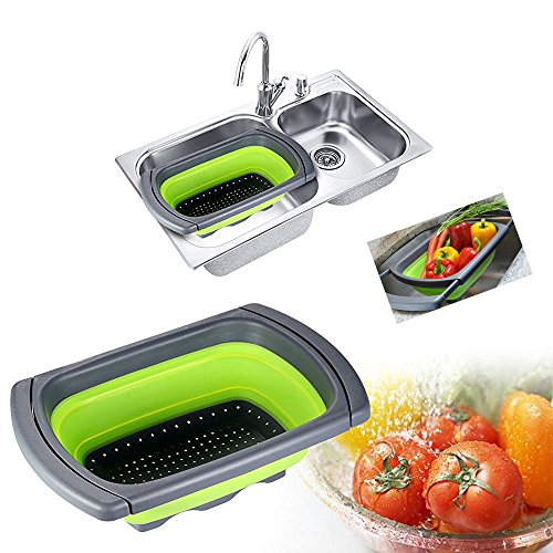 ZQL Passoire rétractable en silicone Passoire de Cuisine Drainage Filtre Bonde à panier 6-Quart Capacité Space Saver coloré se replie à 1/4 taille originale extensible Passe au lave-vaisselle 15.4 * 10.2 * 1.6 inches vert code EAN 0728120732181 
