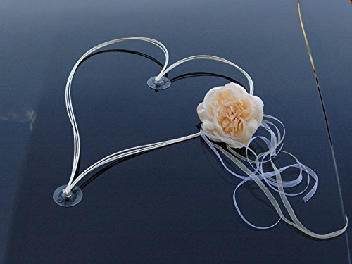 Autoschmuck Décoration de voiture de mariage avec 2 cœurs réalisés à partir de roses et de rotin ecru / weiß 0735204797844 (0735204797844)