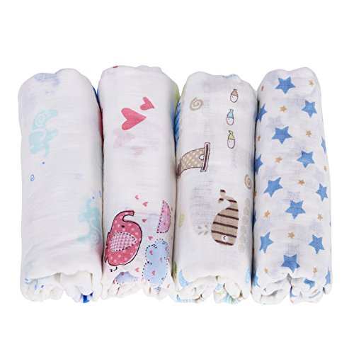 GHB Lange bébé en coton lot de 4 emmaillotage couverture bébé lavable couleur 120cm x 120cm pour garçons et filles 0-36 mois code EAN 0735980444109 