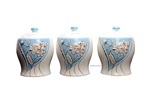 HCAA LTD Bleu Blanc Thé Café Sucre Pot de rangement Lot de 3 avec éléments en cristal Diamante 0736902823033 (0736902823033)
