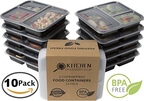 Kitchen Discovery 3 Compartiment repas Préparation contenants |10 pack|. Boîte Bento avec couvercles. Sans danger pour lave-vaisselle, micro-ondes, et Congélateur., noir, empilable, réutilisable et boîtes avec intercalaires en plastique sans BPA 3 compartment noir - Bento - Stockage d'aliment - Stockage d'aliment pour bébé - Weight Watchers - Snacks sains - Récipients en plastique - Bodybuilders - Travaille - Ecole - Voyage - Adolescents - Adultes code EAN 0738523718293 