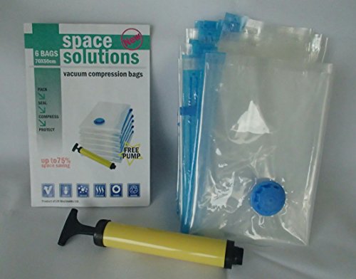 Space Solutions L'espace Solutions - 6 sacs de rangement sous vide de compression - Idéal pour maison et Voyage - Pompe inclus - pour les vêtements, oreillers, couettes, Linge de lit, serviettes, jouets en peluche, camping Gear médecine, herbes et plus - 75% d'économie d'espace lorsqu'il est complètement comprimé - Double scellé et spécialement conçu pour valve - Compatible avec tous les aspirateurs - 100% Satisfait ou Remboursé., 70 x 50 cm code EAN 0739340249496 
