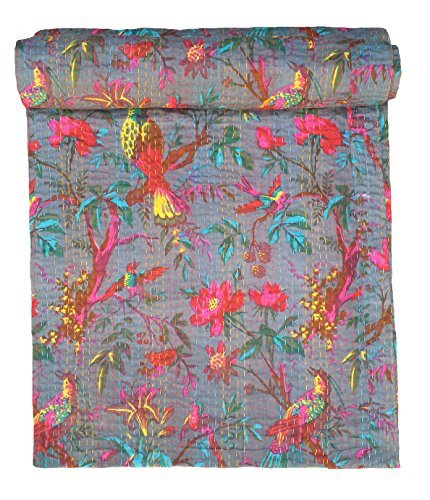 Bird print king size kantha quilt gray , kantha...