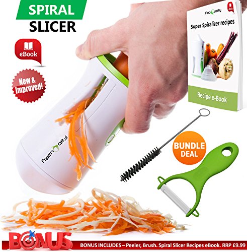 FabQuality Premium spiraliseur veggetti coupe-légumes spirale végétale spécial été trancheuse à spirale bundle complet - coupe-légumes gratuit bonus - courgette pâtes et nouilles spaghetti spiralizer améliorée spiraliser spiral slicer maker code EAN 0741587495017 