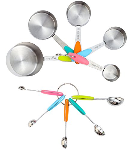 Asgii asgii (TM) Lot de 10 Cuisine en acier inoxydable Bec Tasse et cuillère de mesure, mesure Tasses et pichets pour cuisine et de pâtisserie avec poignée en silicone 0749110494384 (0749110494384)