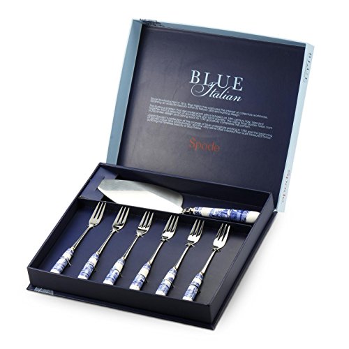 Blue Italian Bleu Italien 25/15 cm Porcelaine et acier inoxydable Pelle à Tarte et 6 fourchettes à gâteau, lot de 6, bleu/blanc code EAN 0749151538504 