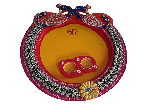 The Hue Cottage Décoratif en bois puja thali paon conception kundan travail multicolore sindoor dani pour festive saison indien plaque à la main des articles de cadeau 0750253547615 (0750253547615)
