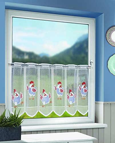 Kamaca 'freundliche brise-bise "Poules - Parade Rideau avec tringle - QUALITÉ SUPÉRIEURE ET individuellement dans la largeur réglable - Hauteur auswählbar - Motifs handcolorierten magique - semi-transparent - Largeur?: 145 cm, Polyester, Blanc/multicolore, Breite 145 cm x Höhe 45 cm code EAN 0755263829607 