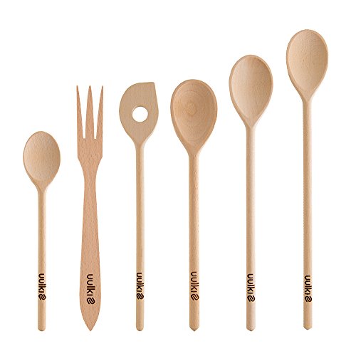 Ensemble de cuillères de cuisine écologiques en hêtre d'ardenne 6 pièces : 4 cuillères, une cuillère à mélanger, une fourchette en bois 0755717800312 Uulki