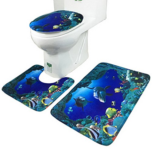Blue Sea Theme Dolphin Shark Bathroom Mat Set 3...
