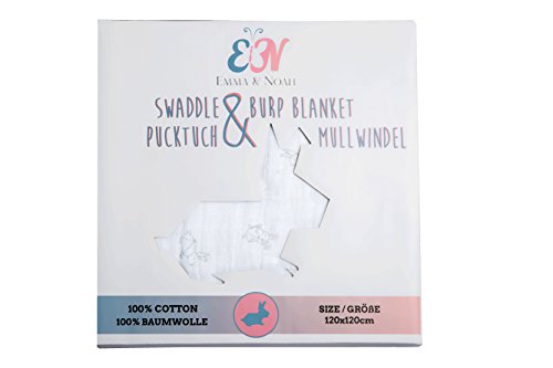 EMMA & NOAH Emma & Noah Couverture Bébé d'Emmaillotage, Apaisante, Câline et Douce pour Bébés qui Pleurent Beaucoup, 120 x 120 cm, 100% coton, Blanche avec Motif de Lapin, Plaid pour Nouveau-Né, Swaddle Blanket code EAN 0783024354938 