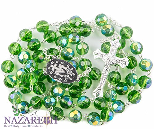 Nazareth Market Store NEW Catholique chapelet collier perles cristal vert Médaille Miraculeuse et Croix code EAN 0784016740333 