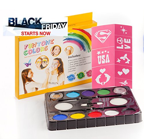 Kit de peinture de visage. Pochoir gratuit inclus.Utilisé pour la peinture de corps, les fêtes, Halloween ou les enfants de maquillage. "Funtone Colors" contient une palette de 8 couleurs, paillettes, pinceaux et éponges. Que la fête commence! 0784224706145 Funtone colors