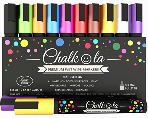 Chalkola Feutres Chalkola effaçables - Lot de 10 marqueurs de couleur fluo. Utilisables sur tableau blanc, tableau noir, fenêtre, ardoise - Feutres à base aqueuse effaçable avec un chiffon humide - Pointe fine 6mm code EAN 0784672648233 