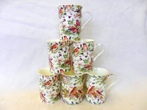 Lot de 6 Mugs en porcelaine anglaise Motif oiseaux Transparent 0788454198992 Heron Cross Pottery "Abbeydale Collection"