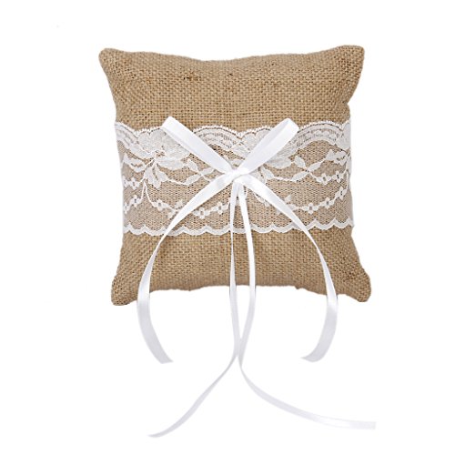 Générique Coussin Oreiller Porteur de Bague Anneau de Mariage en Toile de Jute et Dentelle 15cmx15cm code EAN 0796201006032 