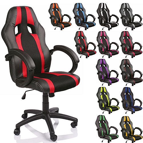 TRESKO Chaise fauteuil siège de bureau racing sport rayé ergonomique inclinable accoudoirs rembourrés, de 14 couleurs différentes, lift sgs contrôlé (noir/rouge) 0796856335419 (0796856335419)
