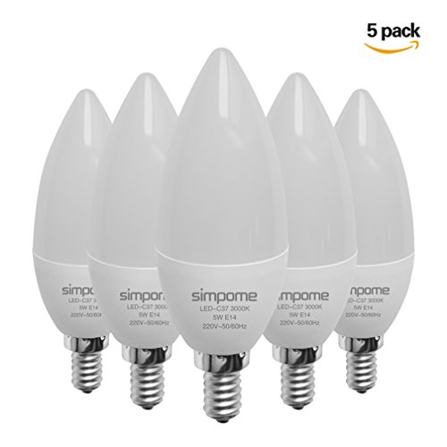 Simpome Chandelier LED Ampoules 5 W E14 C37, simpome Bougie LED ampoule 40 W Ampoules de rechange, Lustre clair, ampoule LED Torpedo, non dimmable, 400Lumens, AC 100-240 V, 180 ° angle du faisceau, Blanch chaud (3000 k) 5.00 wattsW 240.00 voltsV code EAN 0799648369005 