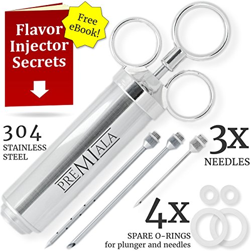 Premiala - le seul seringue marinade en inox 304 pour pièces au contact d'aliments +3 aiguilles +4 joints de rechange+e-book! 60ml seringue alimentaire saveur marinade pour bœuf, poulet et dinde! code EAN 0820103899819 