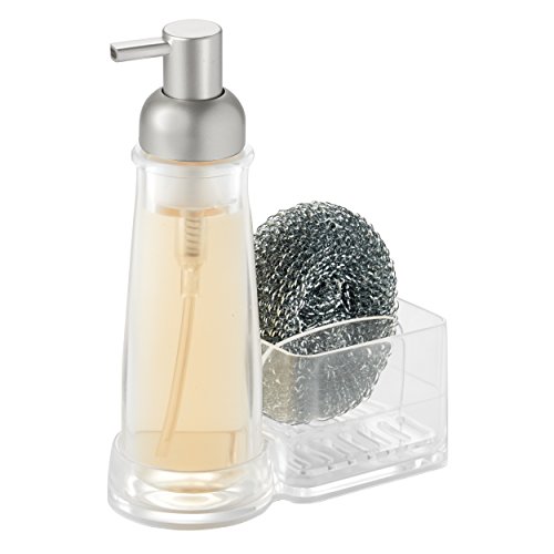 MetroDecor Distributeur de savon à pompe, mDesign, avec panier à éponge et grattoir, pour les plans de travail de cuisine - Transparent / Brossé 0841247115153 (0841247115153)
