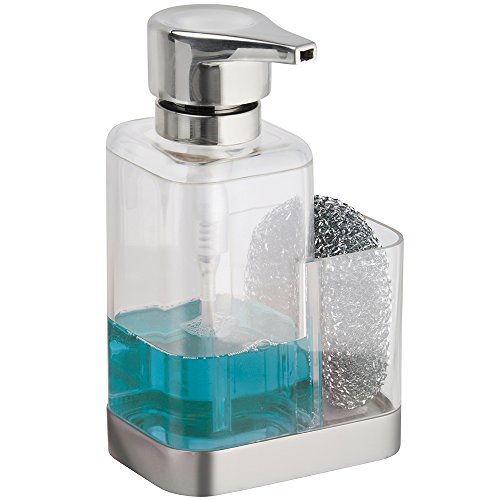 Mdesign Soap Pump Dispenser with Sponge Holder and Scourer sits on CounterÃ'Â -Ã'Â Clear/Brushed by MetroDecor 0841247118796 MetroDecor